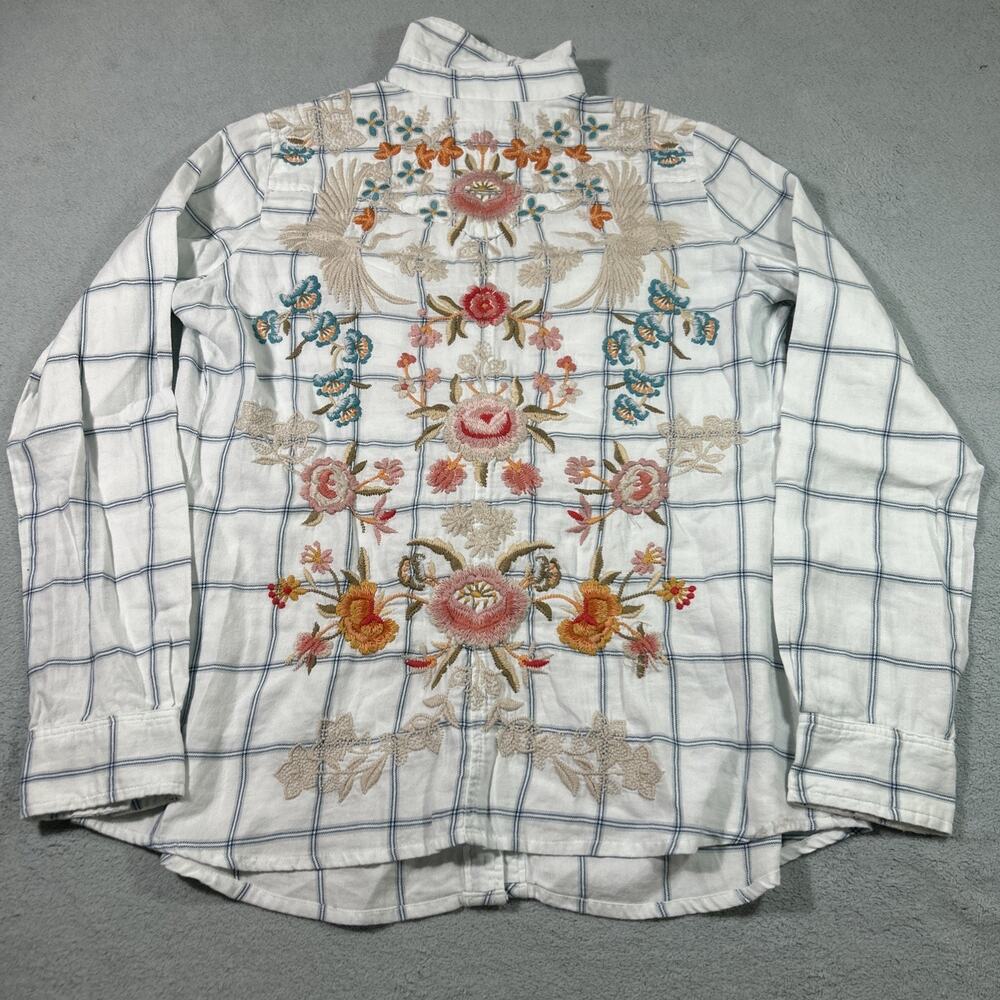 Johnny Was Floral Embroidery Plaid Pearl Snap Dress Shirt Small Workshop Erinn